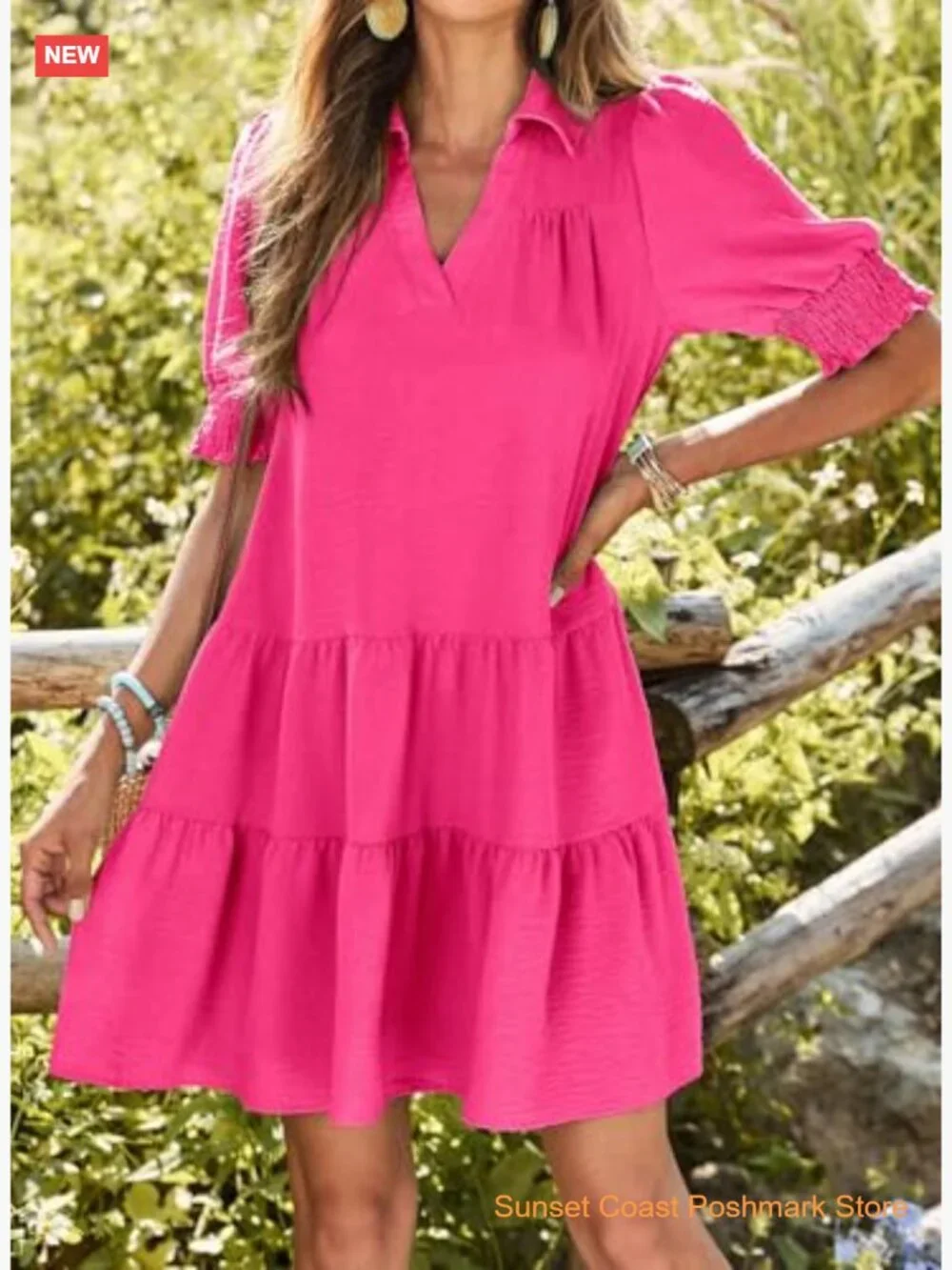 Womens Lapel V Neck Midi Dress Pleated A-Line Short Sleeve Summer Casual Pull On - Picture 3 of 7